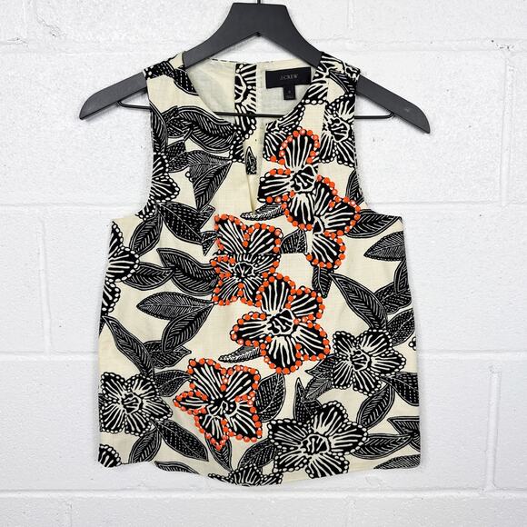 J Crew Beaded Floral Sleeveless Top Womens 0 Cream Black Orange - Picture 1 of 7